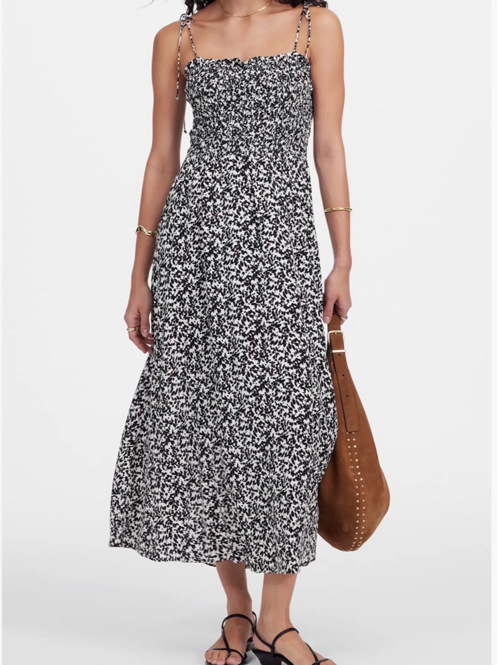 Madewell Smocked Tie-Strap Midi Dress 12‎ NWT